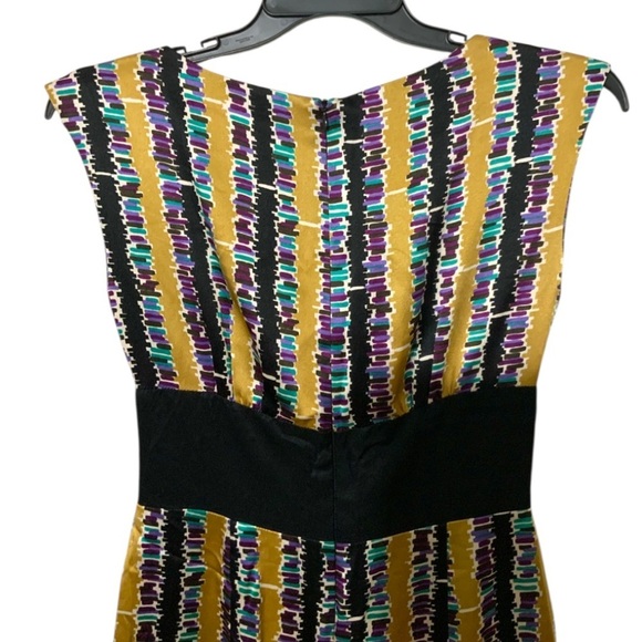Trina Turk 100% Silk Abstract Purple Gold Black Stripe Dress Sz 2 Sleeveless - Picture 10 of 13